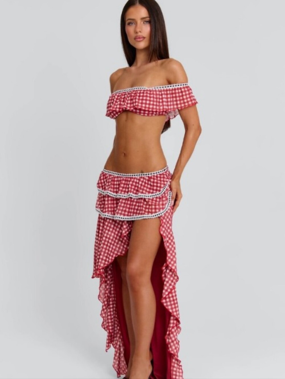 Red Gingham High-Low 2pc Ruffle Skirt Set🌸🩷🔥🔥🔥 - Picture 5 of 13
